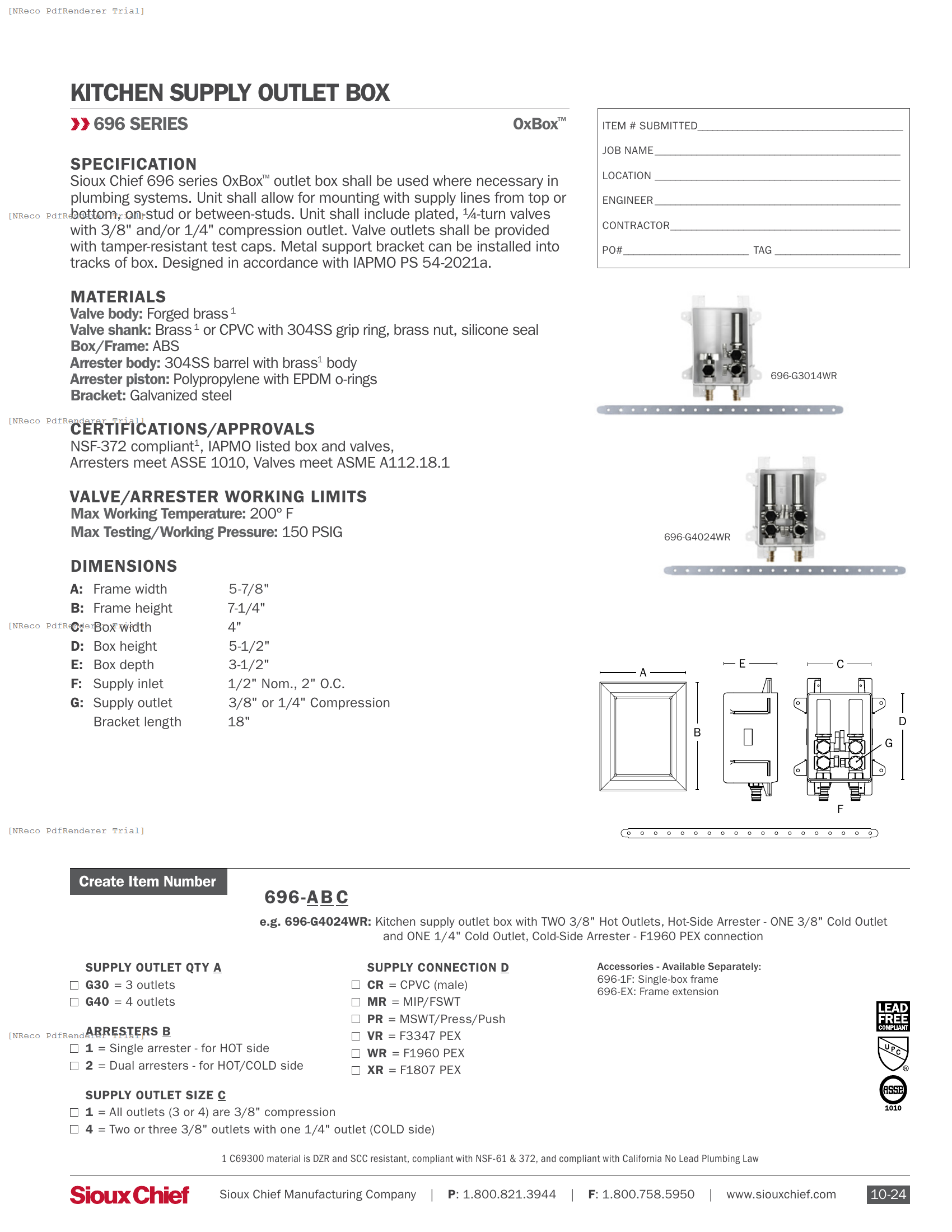 696 SERIES - OXBOX KITCHEN SUPPLY OUTLET BOX - SPEC SHEET.PDF Specification Document